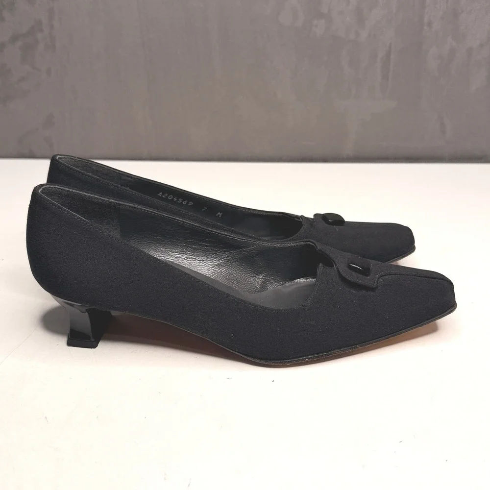 Vtg Stuart Weitzman Kitten Heels Womens Sz 7‎ Black Square Toe Buckle Old Money